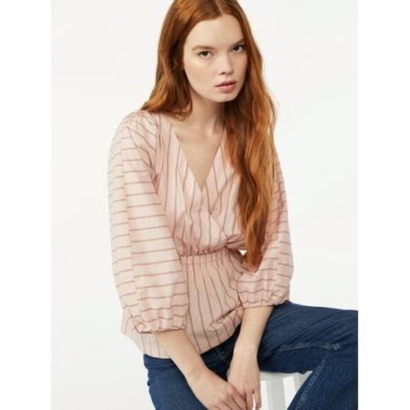 NWT Free Assembly Pink Balloon Sleeve 100% Cotton Wrap Blouse - Size M - Picture 3 of 9